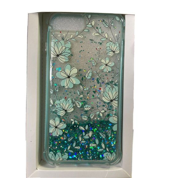 Clear Case with Blue Flowers and Floating Glitter iPhone 6S Plus 7 Plus 8 Plus - Picture 5 of 5